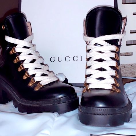 Gucci Ankle Boots, Size 38+, Black And White, With Unique Ice Skate Laces. Still In The Box, Worn Once, And Includes Dust Bags And Ankle Belts. Shoe Dictionary, Gucci Black Boots, Gucci Ankle Boots, Platform Boots Women, Gucci Boots, Black Suede Ankle Boots, Boot Shoes, Ice Skate, Black Heel Boots