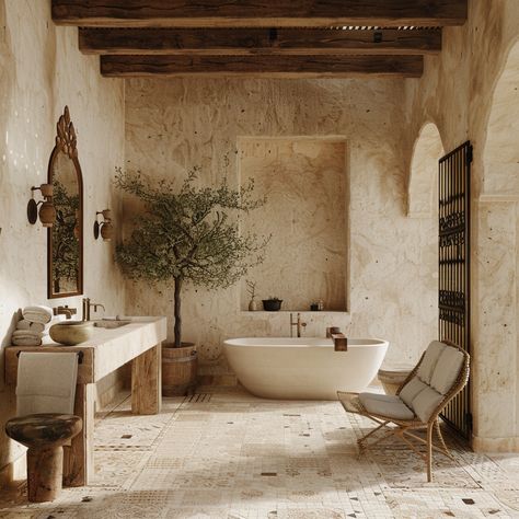 Italian Inspired Bathroom Master Bath, Bathroom Design Mediterranean, Mediterranean Interior Bathroom, Tuscan Farmhouse Bathroom, Mediterranean Master Bath, Medeteranian Bathroom, Spanish Villa Bathroom, Rustic Italian Bathroom, European Bathroom Ideas