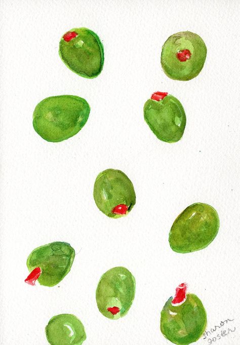 Green Olives watercolor painting original, 5 x 7 olive art,  kitchen, food wall art, Spanish olives Pimentos, culinary watercolor art 5 x 7 watercolor on watercolor paper. See complimentary paintings of my fruit and veggies in these sections  http://www.etsy.com/shop/SharonFosterArt?section_id=12039606 http://www.etsy.com/shop/SharonFosterArt?section_id=10900791 and http://www.etsy.com/shop/SharonFosterArt?section_id=11964210  ~ This is an original -not a reproduction. ~ Signed. Thanks for looking! 274.V Olive Wall Art, Things To Watercolor For Beginners, Watercolor Citrus Fruit, Easy Watercolor Illustration, Waterpaintings Aesthetic, Olive Watercolor Painting, Watercolor Vegetables Tutorial, Fun Watercolor Ideas Easy, Painting Inspo Watercolor