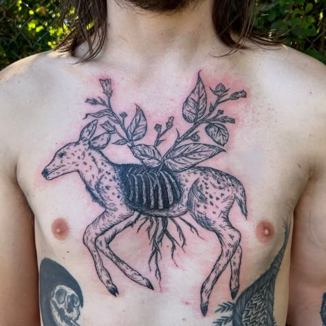 @ green666annie on instagram Dead deer tattoo chest piece Deer Stomach Tattoo, Decaying Deer Tattoo, Dead Deer Drawing, Roadkill Tattoo, Deer Skull Chest Tattoo, Bat Chest Piece, Dead Animal Tattoo, Deer Chest Tattoo, Tattoo Chest Piece