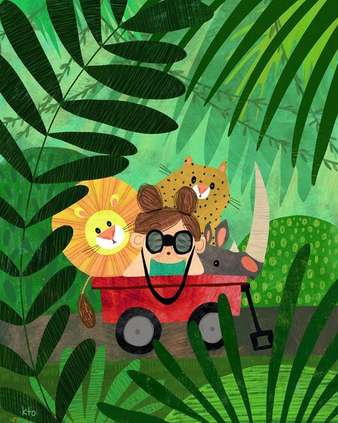 Wagon Illustration, Jungle Images, Cute Animal Art, Child Illustration, Safari Art, Jungle Illustration, Animal Art Print, Plant Art Print, On Safari