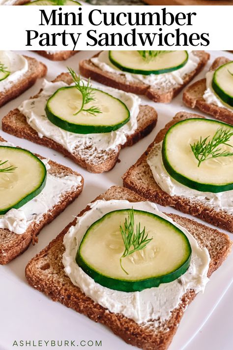 Cocktail Bread Mini Cucumber Sandwiches • Ashley Burk Home + Lifestyle Cucumber Dill Sandwiches, Mini Sandwiches Recipes, Mini Cucumber Sandwiches, Rye Bread Sandwiches, Rye Cocktails, Cucumber Sandwiches Recipes, Bbq Snacks, Bbq Potluck, Cream Cheese Sandwiches