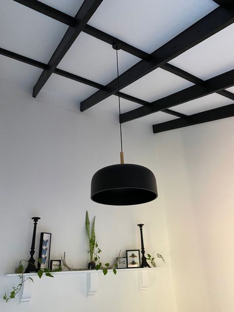 After having mission brown beams and ice blue walls for the last two years.it is now a crisp white bedroom with beautiful black beams..🙌🏻 Exposed Beams Ceiling White, White Ceiling Black Beams, Black Beams White Ceiling, Black Beams Living Room, Black Ceiling Beams, Minimal Ceiling Design, Fake Beam, Black Beams, Exposed Trusses