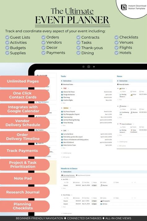 The Event Planner Notion is your go-to digital event planner, perfect for organizing any celebration with ease. With its event planning template and party checklist, this event organizer streamlines communication, logistics, and coordination for all your business expos, corporate events, town halls, family reunions, and birthday parties. Coordinate every detail effortlessly, including ★ Décor ★ Supplies ★ Budgets ★ Guests ★ Vendors ★ Contracts ★ Dining ★ Seating ★ Timelines ★ Activities ★ Appoin Events Planner Aesthetic, Event Planning Pricing Packages, Event Coordinator Checklist, Event Planning Business Aesthetic, Event Management Aesthetic, Party Venues Ideas, Hosting Checklist, Event Planner Aesthetic, Event Organizer Planners