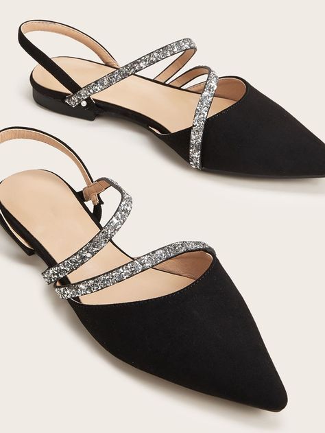 Point Toe Glitter Strap Slingback Flats | SHEIN USA Elegant Shoes Heels, Fashion Me Now, Work Shoes Women, Shoes Heels Classy, Flats Online, Chic Shoes, Flat Slipper, Slingback Flats, Girly Shoes