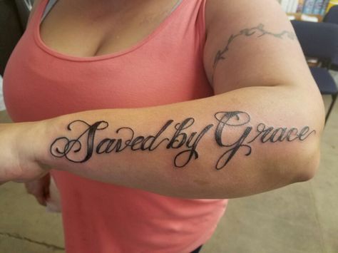 Saved By Grace Tattoo Saved By Grace Tattoos For Women, Grace And Mercy Tattoo, Saved By Grace Tattoo, Legacy Tattoo, Black Flowers Tattoo, Grace Tattoos, How To Be Graceful, Tattoo Font, Tattoo Script