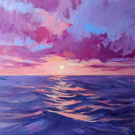 Purple Painting Ideas On Canvas, Birthday Painting Ideas On Canvas, Blue Sunset Painting, Blue And Pink Painting, Purple Sky Painting, Purple Sunset Painting, Purple Art Painting, Purple Oil Painting, Purple Paintings