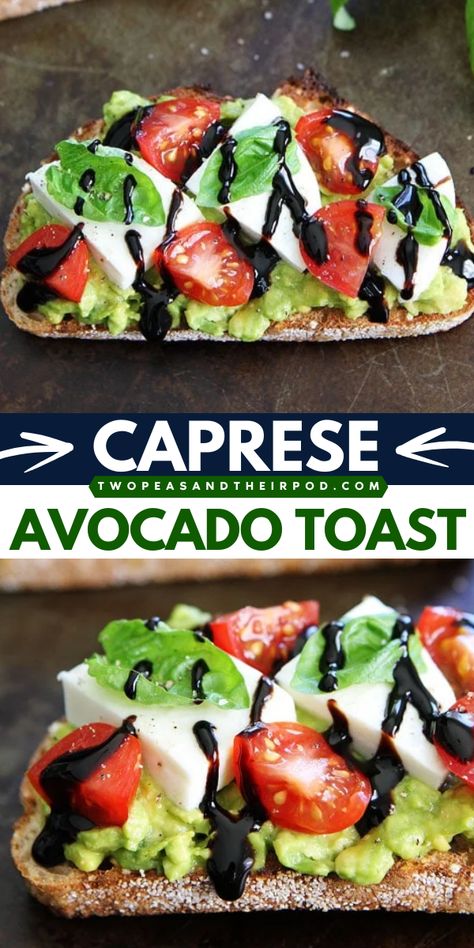 Looking for a summer snack or summer breakfast idea? This Caprese Avocado Toast has fresh mozzarella, tomatoes, basil, and balsamic glaze! Pin this avocado toast recipe! Toast And Tomatoes, Homemade Avocado Toast, Sourdough Avocado Toast With Egg, Hello Fresh Breakfast Recipes, Avocado Food Ideas, Bread For Avocado Toast, Breakfast Toast Ideas Healthy, Caprese Avocado Toast, Avocado Breakfast Recipes