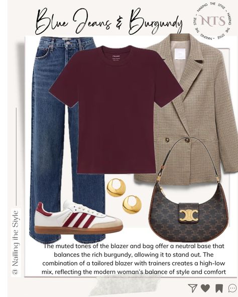 ✨ 4 Ways to style Dark Blue Jeans & Burgundy! ✨ Dark blue jeans are a wardrobe staple, but pairing them with rich burgundy takes your style to the next level. Whether you’re going for casual or chic, these combos are perfect for autumn🍁 Swipe to see how to style this duo in 4 looks. What’s your favourite look? Let me know in the comments👇💬 and share these styling tips with friends 🗣️ ✨Available items and some alternatives will be linked in stories and in September highlights✨ . . . . . #n... Casual Navy Pants Outfit, Baby Blue Color Combinations Outfit, Burgundy And Navy Outfit, Navy Flats Outfit, Burgundy Jeans Outfit, Dark Blue Outfit, Navy Pants Outfit, Dark Blue Jeans Outfit, Business Chic Outfits