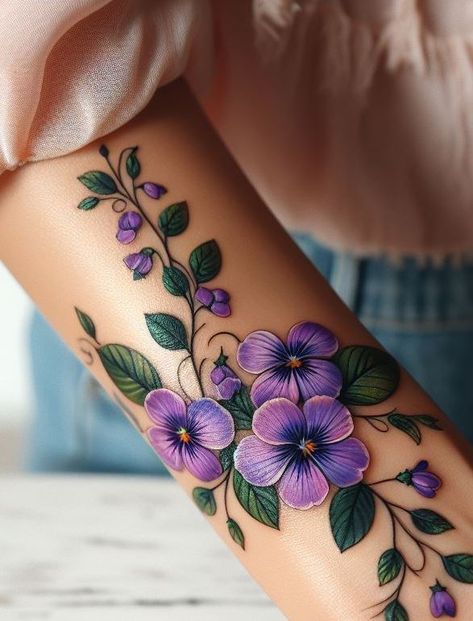 Delicate Elegance Revealed: 80 Birth Flowers Tattoos From January to June | Pocoko May Birth Flower Tattoo Color, Gladiolus And Violet Flower Tattoo, Violet Hand Tattoo, Violets And Iris Tattoo, Purple Violet Tattoo, Blue And Purple Flower Tattoo, Violet And Lily Of The Valley Tattoo, February Birth Flower Tattoos, Wild Violet Tattoo