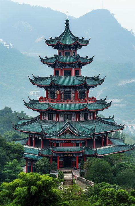 Ethereal scene featuring a red pagoda rising amidst verdant greenery and reflected in the still waters of a serene pond, a picturesque representation of tranquility in a traditional Eastern garden. Chinese House Design, Japanese Style House, Japan Tattoo Design, Chinese Aesthetic, Japan Architecture, Space Phone Wallpaper, Asian Architecture, Japanese Art Prints, Japon Illustration