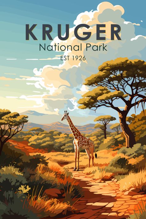 Retro Kruger National Park Giraffe Poster – A timeless masterpiece of African wildlife. South Africa Travel Poster, Vintage Travel Posters Africa, South Africa Kruger National Park, Vintage Tourism Posters, South African Illustration, Retro Vintage Poster, South Africa Drawing, South Africa Illustration, National Park Drawing