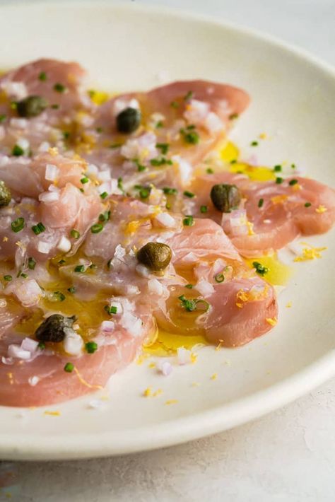 Tuna Crudo Recipe, Hamachi Recipe, Hamachi Crudo Plating, Shrimp Crudo, Cooked Fish Sushi, Scallop Crudo Recipe, Scallops Crudo, Crudo Recipe, Yacht Food