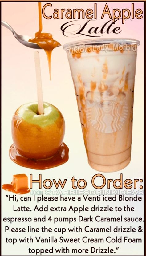 Fall Carmel Apple Latte Starbucks Drink!!! #tasteoffall #carmel #carmelapple #apple #starbucksrecipes #starbucksdrinksrecipes #drink #coldbrew #fall Delicious Starbucks Drinks, Starbucks Halloween Drinks, Starbucks Drinks To Try, Starbucks Drink Menu, Starbucks Fall Drinks, Fall Starbucks, Caramel Apple Spice, Starbucks Holiday Drinks, Starbucks Secret Menu Recipes