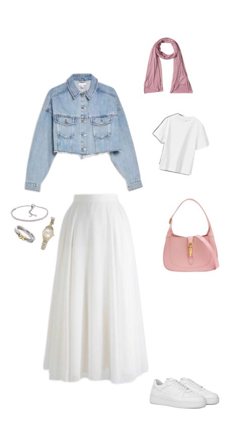 denim jacket, white tshirt, pink hijab, pink bag, white sneakers, hijabi outfit Denim Jacket Outfit Hijab, Pink White Outfit, White Denim Jacket Outfit, Hijab Pink, Pink Jacket Outfit, Hijabi Summer Outfits, White Tshirt Outfit, Pink Hijab, Hijabi Outfit