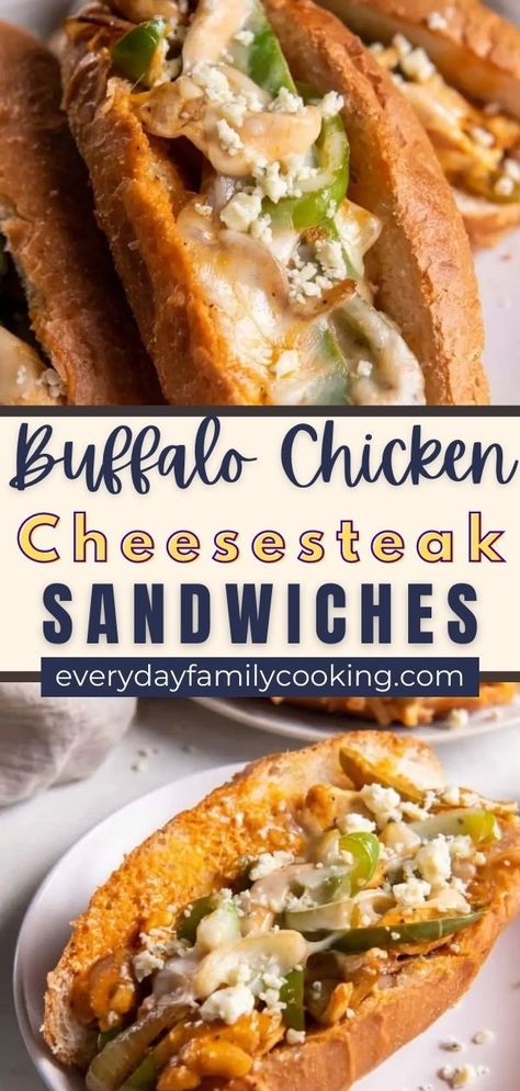 This recipe has everything you love about a classic cheese steak (minus the steak, of course) combined with everything you love about buffalo chicken. It is the best of both worlds. You get tender chicken, sauteed veggies, two types of cheese, and beautiful, buttery buffalo sauce; all served on a warm toasty hoagie roll. This is the stuff dreams are made of! Buffalo Chicken Cheesesteak, Chicken Cheese Steak, Unique Sandwich Recipes, Spicy Recipes Easy, Cheesesteak Sandwiches, Chicken Cheesesteak, Buffalo Recipe, Best Sandwich Recipes, Homemade Buffalo Sauce