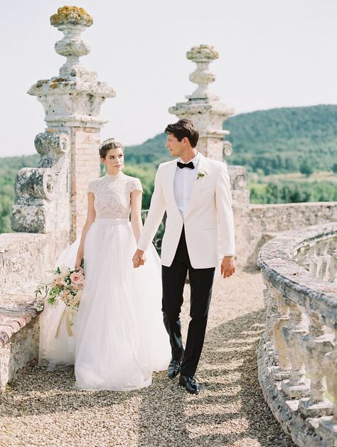 Bride And Groom White Attire, White Groom Tuxedo, Storybook Castle, White Tuxedo Wedding, Italian Elopement, Boutonniere White, Ersa Atelier, Grooms Attire, Blush Bridal Bouquet