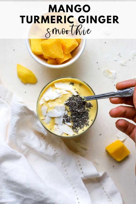 This feel-good mango ginger turmeric smoothie is thick, creamy, and refreshing! It's packed with nutrients, protein, and anti-inflammatory ginger and turmeric. Ginger Turmeric Smoothie, Ginger And Tumeric, Smoothie Flavors, Turmeric Smoothie, Radish Recipes, Ginger Smoothie, Creamy Smoothies, Ginger Turmeric, Smoothie Bowl Recipe