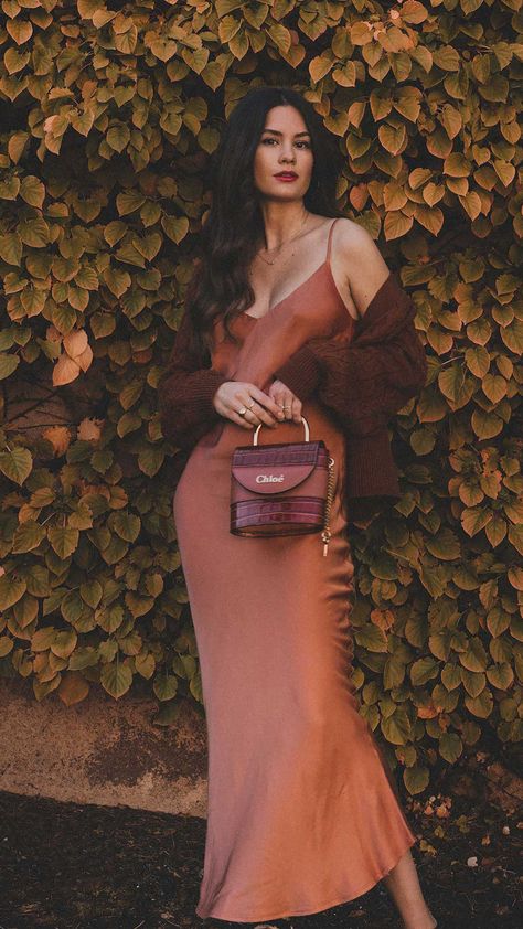 Brown Satin Maxi Slip Dress outfit Sweater Over Dress, Sarah Butler, Slip Dress Outfit, Thanksgiving Outfit Ideas, Thanksgiving Outfit Women, Cute Thanksgiving Outfits, Simple Fall Outfits, Over Dress, Cable Knit Sweater Cardigan