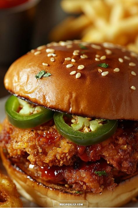 I can't resist the flavors of this Spicy Crunchy Chicken Sandwich! Packed with crispy fried chicken, zesty jalapeños, and a hint of sweet sauce, it's the perfect indulgent meal. Pair it with crispy fries for the ultimate comfort food experience! Nashville Chicken Sandwich Recipe, Nashville Hot Chicken Sandwich Recipe, Awesome Sandwiches, Turkey Panini, Spicy Chicken Sandwich, Crispy Chicken Sandwich, Crispy Chicken Burgers, Chicken Sandwich Recipe, Crispy Chicken Sandwiches