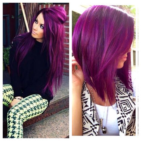 Magenta And Purple Hair, Purple And Magenta Hair, Vivid Hair Color Ideas For Brunettes, Violet Purple Hair, Vibrant Purple Hair, Purple Red Hair Color, Vibrant Hair Color Ideas, Raspberry Hair, Pelo Color Vino