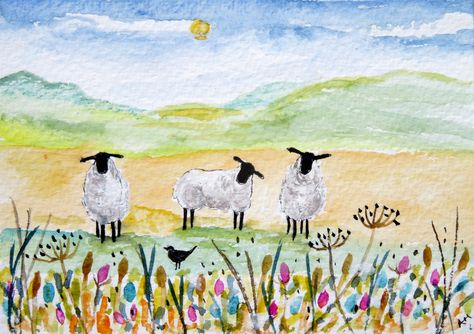 Sheep Paintings Easy, Sheep Paintings On Canvas Easy, Watercolor Sheep Tutorial, Sheep Watercolour Painting, Sheep Landscape Painting, Sheep In Pasture Painting, Sheep Paintings, Color Inspo, Urban Sketching