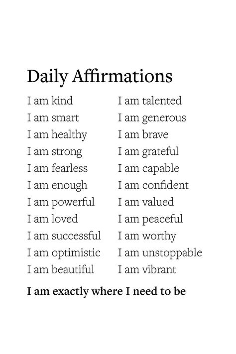 printable daily affirmations wall art for self care and self love Positive I Am Affirmations, I Am Exactly Where I Need To Be, One Word Affirmations, I Am Beautiful Affirmations, I Am Organized, Fun Affirmations, Olivia Quotes, Short Affirmations, Camp Hope