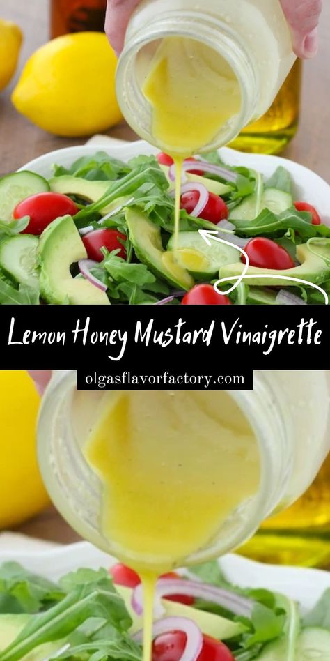 A bright and zesty lemon vinaigrette is perfect to use as a salad dressing or as a marinade. The dijon mustard adds flavor and zippiness and there’s a bit of sweetness from the honey. Lemon Vinegarette, Garlic Salad Dressing, Lemon Salad Dressings, Honey Mustard Salad Dressing, Mustard Salad Dressing, Lemon Vinaigrette Dressing, Vinaigrette Dressing Recipe, Zesty Salad, Lemon Salad