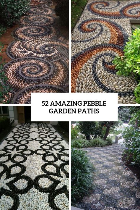 Pebble Stone Walkway, Pebble Paths Walkways, Pebble Designs For Gardens, Rock Mosaic Path, Landscape Rock Design Ideas, Pebble Mosaic Patio, How To Make A Mosaic Walkway, Unique Sidewalk Ideas, Mosaic Walkways Pathways Diy