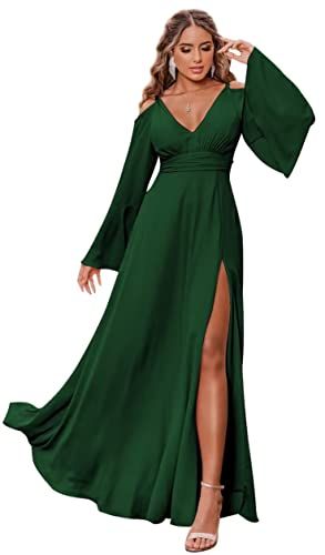 Long Sleeve Bridesmaid Dresses, Long Sleeve Bridesmaid Dress, Satin Formal Dress, Debutante Ball, Bridesmaid Dresses With Sleeves, Prom Dresses With Pockets, V Neck Prom Dresses, Long Sleeve Dress Formal, Evening Party Gowns