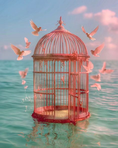 Dreamy vibes 🐦 Is the cage ever truly empty, or do we carry a piece of it with us wherever we fly? 🤔 . . #freedom #dreamy #pink #art #aiart #sea #birds #midjourney Freedom Art Inspiration, Bird Cage Art, Bird Flying From Cage, Bird Flying Out Of Cage Drawing, Bird Flying Out Of Cage, Bird In Cage Painting, Birds Flying From Cage Freedom, Bird In A Cage, Freedom Art