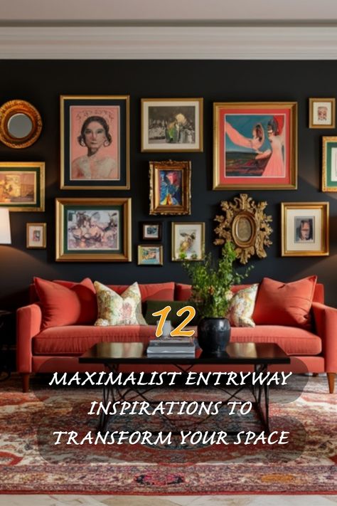 I love how this entryway combines vibrant colors and a variety of artwork to create an inviting atmosphere. The rich hues of the sofa paired with an eclectic gallery wall make a stunning focal point. Whether you're an art lover or just looking to spice up your space, these maximalist ideas will surely inspire you to transform your own entryway into a personalized haven. Gallery Wall Ideas Maximalist, Styling A Long Wall, Eclectic Buffet Styling, Gallery Wall Modern Art, Painting Gallery Wall Ideas, Art Wall Colorful, Moody Wall Art Ideas, Home Art Gallery Ideas, Colored Gallery Wall