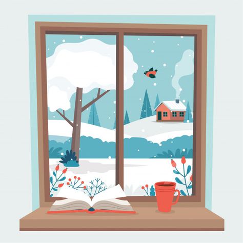 Winter window with view, a book and a co... | Premium Vector #Freepik #vector #frame #food #tree #winter Winter Library, Library Illustration, Food Tree, Window Illustration, Window Drawing, Vector Frame, Winter Window, Tree Winter, Winter Illustration