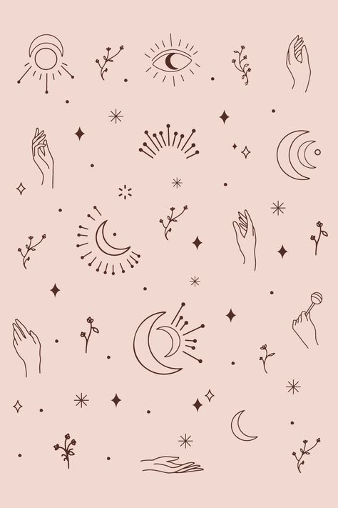 Boho Celestial graphic design elements collection features moon, sun, hands, flowers, and more for your unique #Witchy_Graphic_Design #Celestial_Doodles #Esoteric_Tattoo #Celestial_Logo Witchy Graphic Design, Celestial Doodles, Esoteric Tattoo, Hands Flowers, Tessellation Art, Flowers Minimalist, Celestial Pattern, Minimalist Branding, Boho Celestial