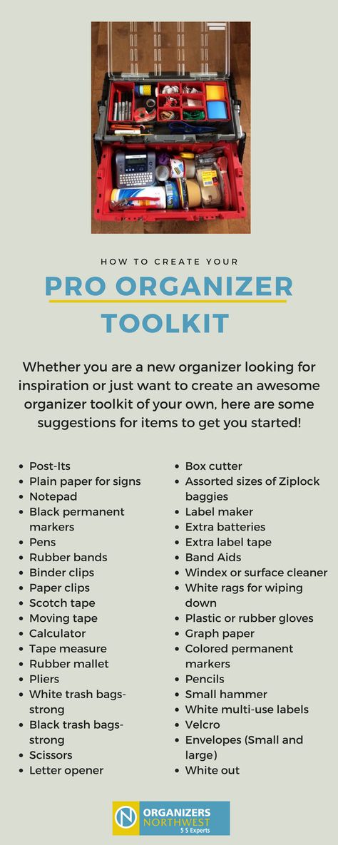 I’ve had several clients ask me recently about my organizing toolkit. What are the items we use most on the job? What can’t we live without? So in the spirit of providing organizing solutions and answers, I thought it would be fun to do a full breakdown of what’s in my toolkit, and show you how to set up your own organizers toolkit to use at home when you tackle any organizing project - large or small! Professional Organizing Tips, Professional Organizer Business, Pro Organizer, Organizing Solutions, Organizing Services, Organized Chaos, Cleaning Business, Organize Declutter, Organization Planning