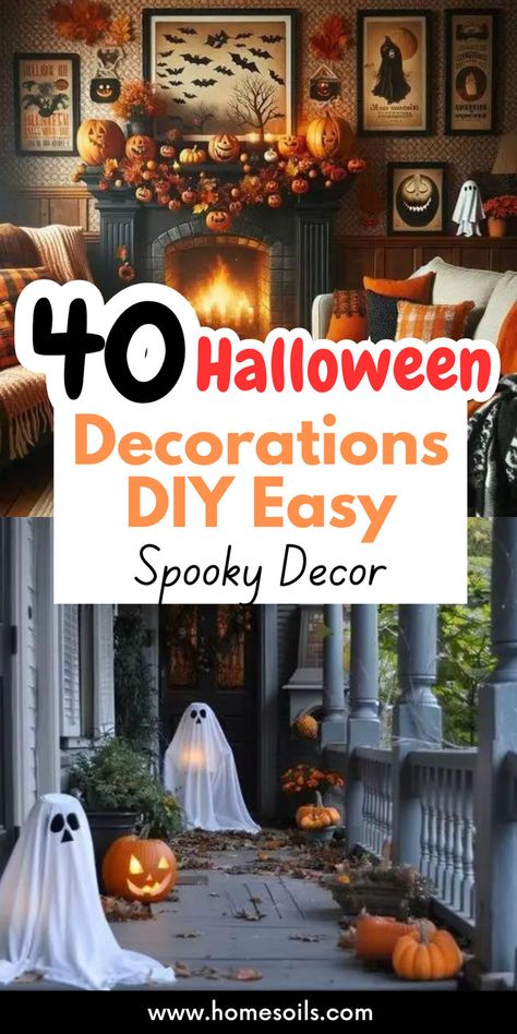 Get into the spooky spirit with 40 easy DIY Halloween decorations. From simple ghost garlands to eerie pumpkin displays, these quick projects will transform your home into a haunted masterpiece. Click here to start crafting your Halloween decor with ease! Easy Halloween Decorations For Party, Old Time Halloween Decorations, Halloween Home Decorations Diy, Spooky Signs For Halloween Diy, How To Decorate Your House For Halloween, Deck Halloween Decorations, Beach House Halloween Decor, Spooky Halloween Home Decor, Ghost Decorations For Halloween Diy