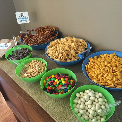 Sasquatch Party Food, Bigfoot Party Decorations, Bigfoot Birthday Party Food Ideas, Make Your Own Trail Mix Bar, Sasquatch Party, Bigfoot Party Food, Trail Mix Bar Make Your Own, Cryptid Birthday Party, Trail Mix Bar