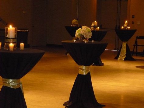 black linen table ideas | Cocktail tables with black linens Harlem Nights Theme Party, Harlem Nights Theme, Cocktail Table Decor, Great Gatsby Theme, Black Gold Wedding, Gatsby Theme, Great Gatsby Party, Black Gold Jewelry, Tables And Chairs