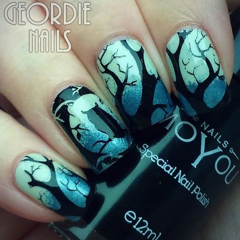 Stamping Nail Art Ideas Design, Spooky Forest Nails, Spooky Tree Nails, Haunted Forest Nails, Halloween Nail Stamping Ideas, Graveyard Nails, Nail Stamping Ideas, Nail Stamping Designs, Tree Nail Art