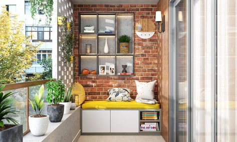 A Balcony Design With A Brick Wall And Open Shelves Balcony Design House, Exposed Brick Wall Decor, Brick Balcony, Modern Balcony Design, Brick Wall Decor, Brick Cladding, Modern Balcony, Balcony Railing Design, House Balcony Design