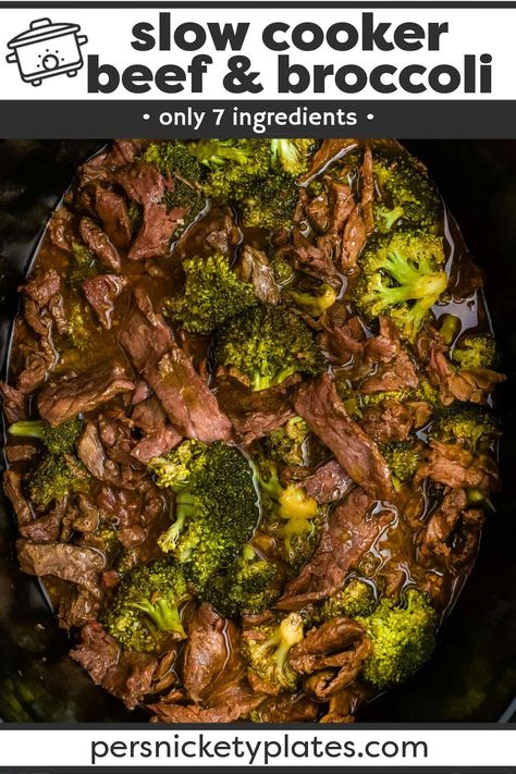 With just seven ingredients and minutes of prep time, this Slow Cooker Beef and Broccoli recipe is going to be a new family favorite! | www.persnicketyplates.com Slow Cooker Recipes Broccoli, Beef And Broccoli Crock Pot Flank Steak, Slow Cooker Beef And Broccoli Healthy, Crockpot Beef And Broccoli Easy, Crockpot Beef Tips And Rice, Easy Crockpot Steak Recipes, Broccoli Beef Crockpot, Crock Pot Dump Recipes, Crockpot Beef Broccoli