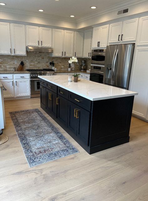 "Brand new black kitchen island with \"Glam\" white quartz countertop, it has one trash tray and two double rolls out trays in 2 sections (4ft length each ) design. Fully assembled kitchen island. If you are looking for a kitchen island designed specifically for your needs, we will be happy to help you. \"Our cabinets are custom made in Los Angeles, CA. Each cabinet is given undivided attention to detail. All soft close for drawer/doors (except interior/trash trays). Buyer needs to join 2 sections at their kitchen by few screws, Dimensions Width: 97\"x33\" on base, 99\"x36\" on top. Overall Height:36\" Feature options with an additional cost. Shipping time: 2-3 weeks after order but not including transit time for the trucking company which may take 1-2 weeks and varies to different states. Black Kitchen Cabinets With White Quartz, White Cabinet With Black Island, Charcoal Kitchen Island White Cabinets, Black Island Light Cabinets, Black Kitchen Floor White Cabinets, Black And White Open Concept, White Cabinets Black Island Kitchen, Black Kitchen With White Countertops, Black White And Grey House