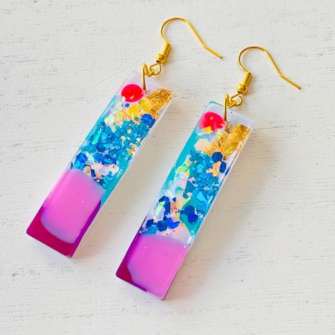 Purple Neon, Turquoise Glitter, Colorful Glitter, Glitter Gold, Resin Earrings, Pink Turquoise, Resin Jewelry, Neon Pink, Gold Leaf