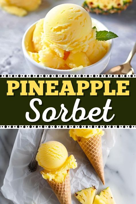 This pineapple sorbet is light, refreshing, and so delicious! It only uses three ingredients, so it's quick and easy to make, too. 3 Ingredient Sorbet, Recipes Using Pineapple, Diy Sorbet, Homemade Sherbet, Easy Sorbet, Pineapple Sorbet Recipe, Sherbet Recipes, Frozen Treats Recipes, Best Homemade Ice Cream