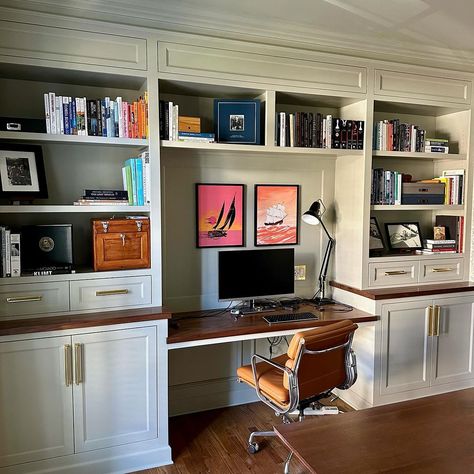 Bringing you early Spring vibes with this 13.5ft home office built-in 🦋 #my62screws #luxuryoffice #officedesign #officespace… | Instagram Diy Built In Desk And Shelves, Built In Office Desk And Cabinets, Built In Home Office, Diy Built In Desk, Built In Wall Shelves, Built In Desk And Shelves, Walnut Office, Home Office Built Ins, Office Built Ins