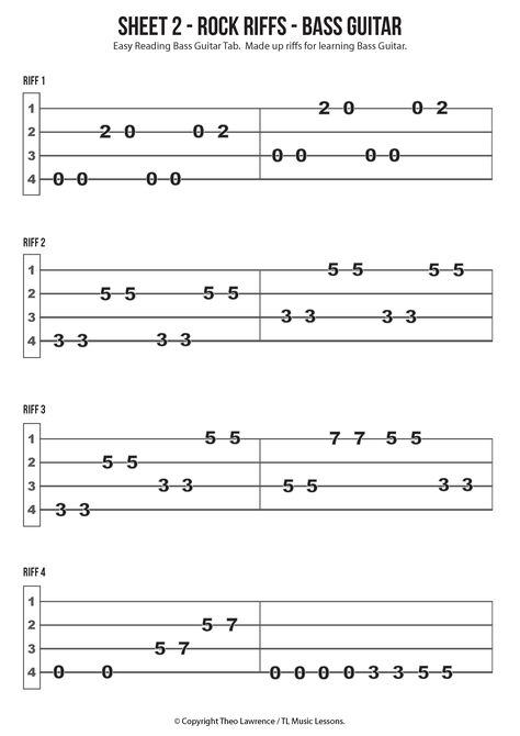 Sheet 2 - Rock Riffs for Learning Bass Guitar Bass Chords Songs, Bass Tabs Sheet Music, How To Read Guitar Tabs Sheet Music, Bass For Beginners, Bass Guitar Notes Sheet Music, Bass Guitar Chords Songs, Bass Guitar Chords Beginner, How To Play The Bass Guitar, Easy Bass Guitar Riffs