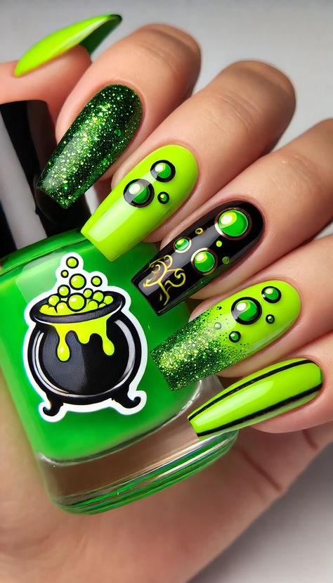 Unleash your inner magic with these 45+ witchy nail designs. From mystical symbols to enchanting colors, find the perfect spellbinding look to express your witchy style. 🌟🔮 #WitchyNails #MagicalManicure #NailArt #InnerMagic Halloween Nail Designs Witches, Amazing Halloween Nails, Witch Design Nails, Bright Green And Black Nails, Frankenstein Nail Designs, Biohazard Nails, Witch Halloween Nails, Satanic Nails, Halloween Nails Green