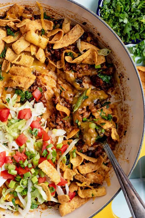 Walking Taco casserole Taco Casserole Bake, Walking Taco Casserole, Walking Taco, Walking Tacos, Taco Bake, Taco Casserole, Melty Cheese, Shredded Lettuce, Corn Chips