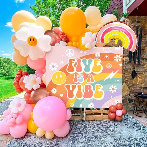 PRICES MAY VARY. Our Five is Vibe Party Supplies will make your party more interesting and immerse your family and guests in an unforgettable experience with value for money. You will get: 1 x Five is Vibe backdrop (48x60inch), 1 x boho rainbow balloon, 1 x daisy balloon, 75 x latex balloons. Enjoy our Five is Vibe Party Decoration. Very suitable for summer party, Five is Vibe Party! High-quality, strong and reusable. Beautiful, reusable, saving money. Have a Five is Vibe party with your friends Boho Party Favors, Vibe Party, 70s Theme Party, Boho Party Decorations, Decoration Backdrop, Hippie Birthday, 5th Birthday Party Ideas, Hippie Party, Girl Birthday Decorations