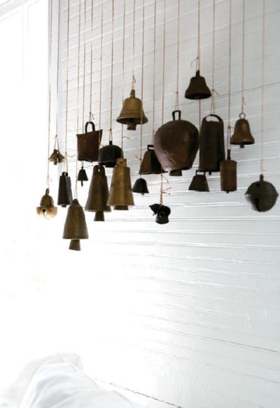 another pinner wrote: bells - I have a thing for them. I have started my collection for the arboreal. (This is a great idea) Country Decorating, Surf Shack, Space Ideas, Cow Bell, Vintage Bell, Boho Home, White Wall, Style Statement, Diy Wall